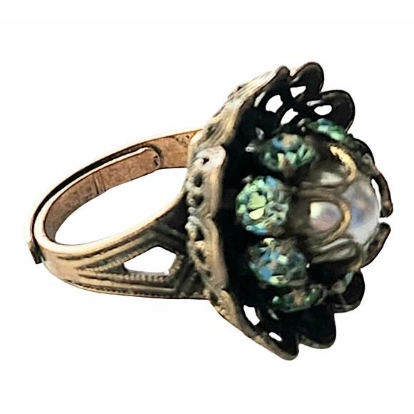 1940s  Art Deco Faux Pearl Green Glass Gold Tone Large Adjustable Cocktail  Ring - Picture 3 of 4